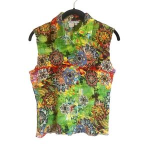 Alberto Makali Womens Medium Multi Color Floral Crinkle Pleated Sleeveless Top